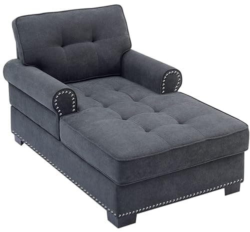 Dark Grey Rivet Upholstered Chaise Lounge Sofa Bed for Bedroom Living Room