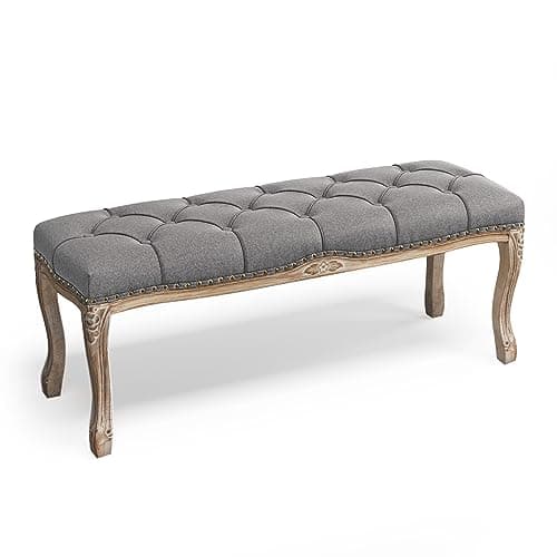 French Vintage Tufted Bench, Beige Distressed Wood Legs, Living Room, Foyer, Dining Room