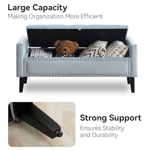 Dusty Blue Velvet Storage Bench with Bedside Ottoman Legs