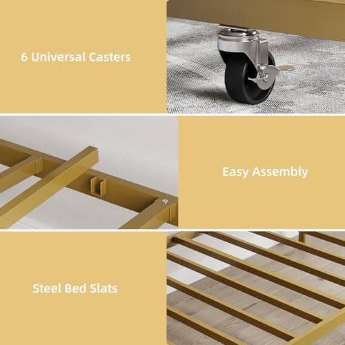 Gold Metal Day Bed, Twin Size with Floral Headboard, Modern SOFE Bed Frame
