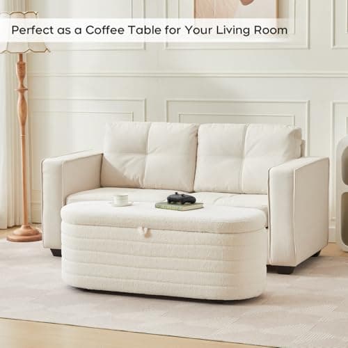 White Sherpa Padded Ottoman Bench with Storage for Living Room and Bedroom