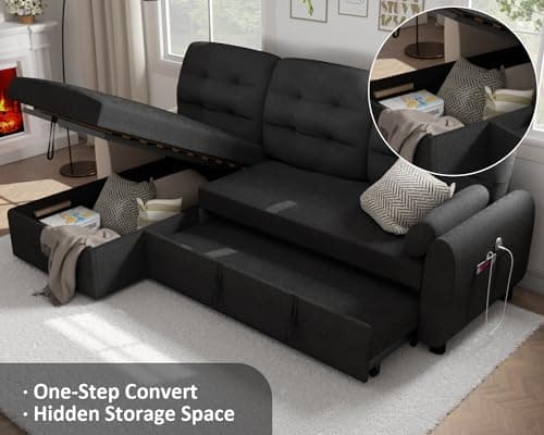 Ucloveria 87" Sleeper Sectional with Reversible Chaise & Storage, Black Linen Couch