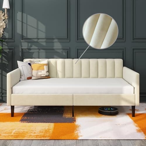 Twin Size Upholstered Daybed with Wood Slat Support in Ivory Velvet