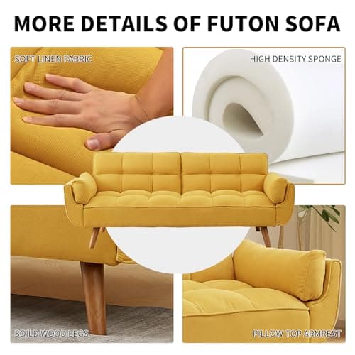 Golden Yellow Convertible Futon Sofa Bed, Linen 75" W 3 Seater with Adjustable Backrests