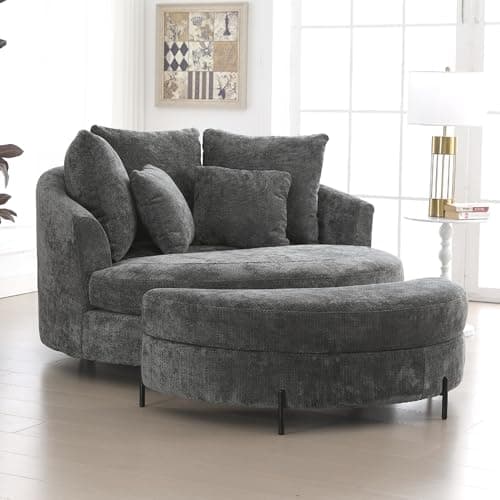 Beige Knitted Chenille Oversized Barrel Chair with Wheels & 5 Pillows