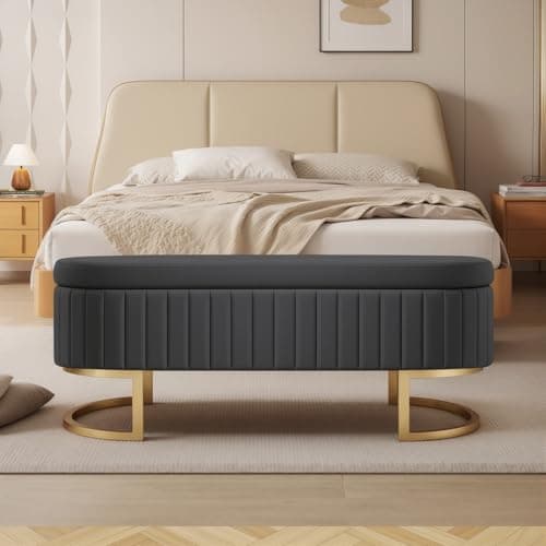 50" Velvet Ottoman Bench, Gold Legs, 300lb Seat, Ivory End Table Bench