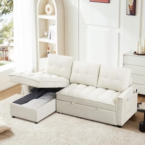 Convertible Sectional Sleeper Sofa Couch with Pull Out Bed,78" Tufted Chenille L Shaped Couch w/ Reversible Storage Chaise&USB/Type C Charge Port for Living Room,Office,Apartment(3-Seater,Beige)