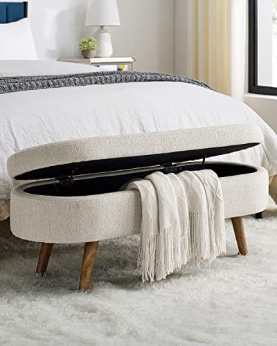 Beige Linen Oval Storage Bench 43.5" for Living Room/Ottoman Entryway