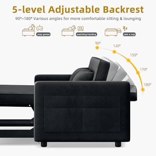 Black 3-in-1 Convertible Sofa Bed with Pull-Out Mattress & Adjustable Backrest
