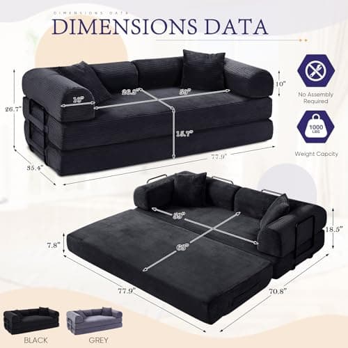 JEEOHEY Convertible Sofa Bed, Queen Size Memory Foam Couch for Living Room & Bedroom, Black