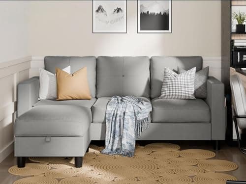 SUNLEI Movable Ottoman Storage L-Shaped Couch, Dark Grey Linen, Living Room Fit Small Spaces