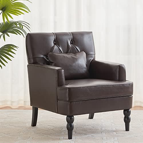 HUIMO Mid Century Modern Brown Studded Tufted Club Chair with Lumbar Pillow