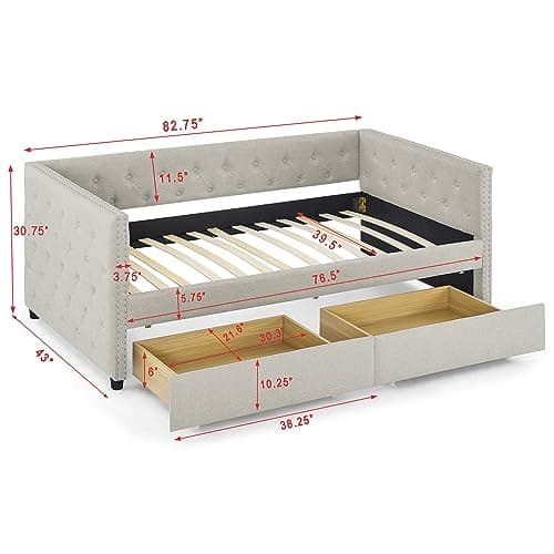 Modern Twin Daybed with Storage and 2 Drawers for Apartment Bedroom, Beige