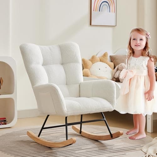 Teddy Upholstered Glider Rocking Chair with High Backrest, Armrest & Side Pockets