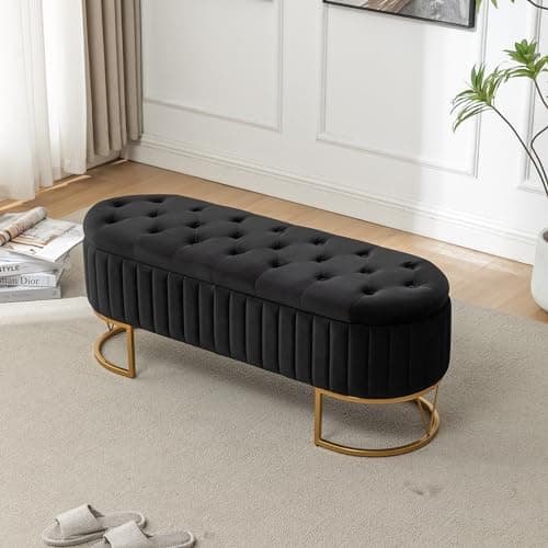 Modern Velvet Upholstered Storage Bench with Golden Metal Legs - Ivory