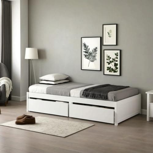 White Wood Storage Bed Frame with Drawers for Kids & Adults
