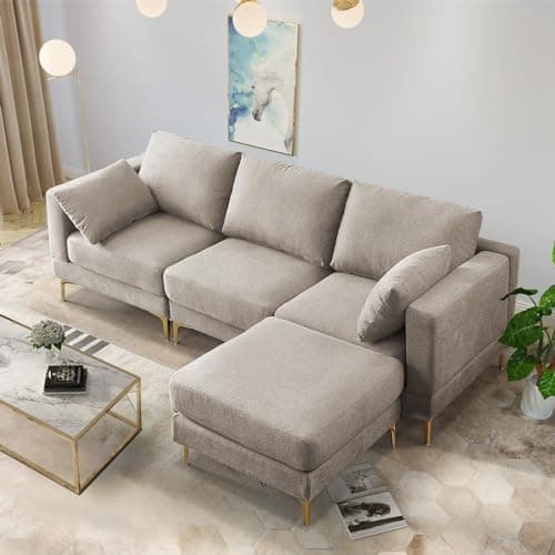 JEEOHEY Gold Metal Legs 3 Seat Oversized L-Shaped Sectional Sofa, Beige
