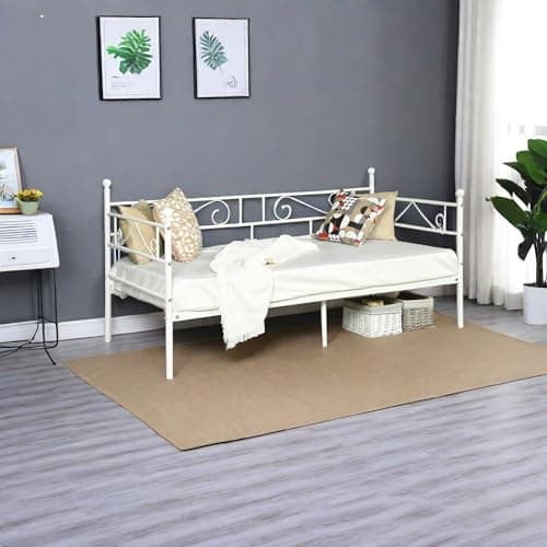 Beige Twin Metal Daybed Frame with Headboard & Mattress Platform Bed