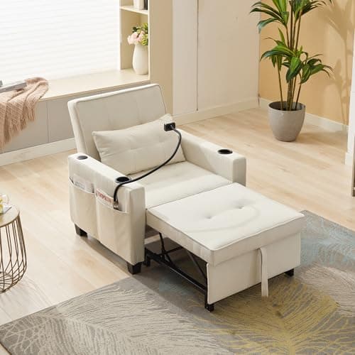 Livavege 3-in-1 Convertible Sleeper Sofa Chair, Linen Futon with Phone & Cup Holders