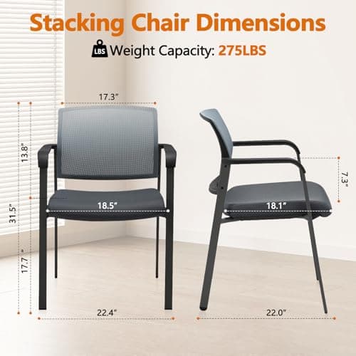 CLATINA Grey Mesh Back Stacking Arm Chairs with Fabric Seat and Ergonomic Lumbar Support