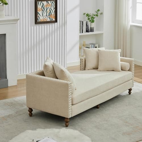 Retro Oversized Chaise Lounge Chair, 75.2" W, Brown with Armrests & 6 Pillows