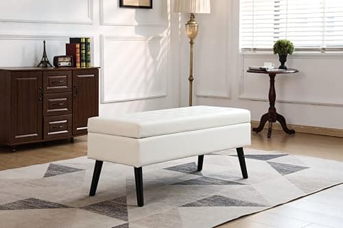 Beige Linen Tufted End of Bed Storage Bench with Solid Wood Legs