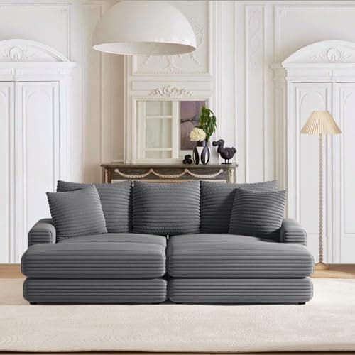 Oversized Grey Corduroy Chaise Lounge Seater with Ottoman