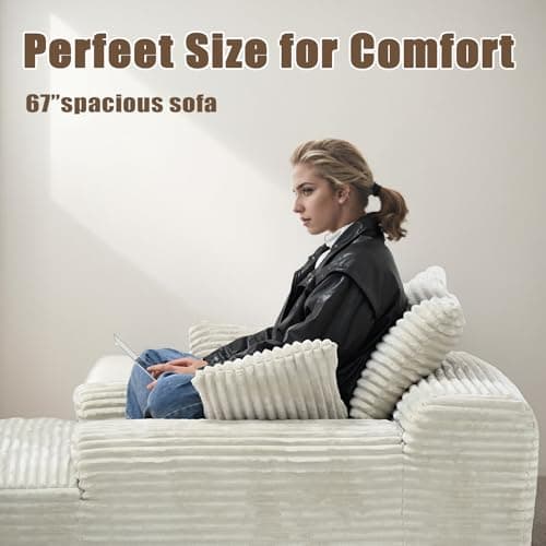 Oversized Boneless Chaise Lounge with 3 Pillows, 67" White Compression Sofa, Cloud Plush Couch