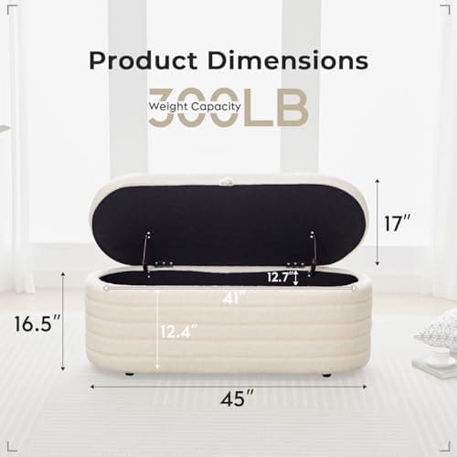 White Sherpa Padded Ottoman Bench with Storage for Living Room and Bedroom