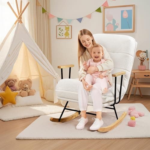 VECELO Beige Teddy Fabric Large Glider Rocking Chair