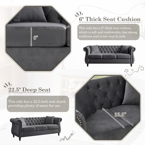 Chesterfield Sofa Set, 2 Pieces Velvet Couch with Nailhead Trim and Rolled Arms