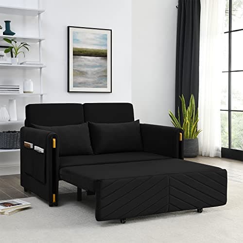 Modern Velvet Convertible Sleeper Sofa Bed with Headboard, Small Love Seat for Small Space, Grey