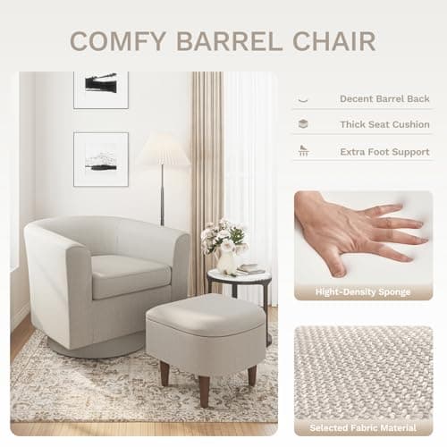 COLAMY Swivel Barrel Accent Chair with Ottoman, Light Brown