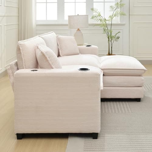 KIVENJAJA Beige Corduroy Cloud Sectional Couch, 82.7"W, Modular Loveseat with Ottoman & USB Port