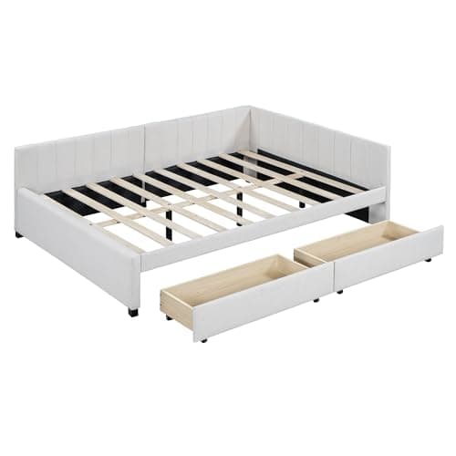 Merax Daybed with Storage Drawers, Sofa Bed Frame in Beige Linen Fabric