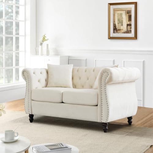 JEEOHEY Chesterfield Button Tufted Velvet 2 Seater Sofa, Mid Century Modern Beige
