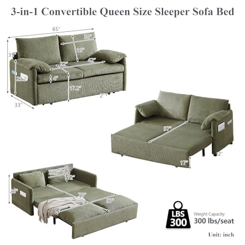 3-in-1 Corduroy Green Pullout Couch Bed with Side Pockets