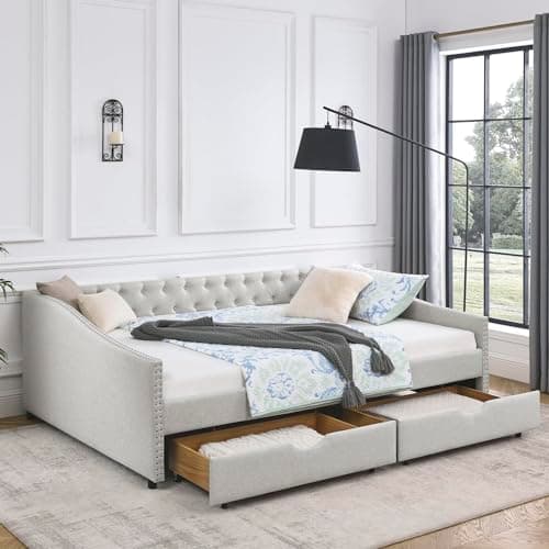JEEOHEY Beige Button Tufted Full Size Upholstered Daybed with Drawers