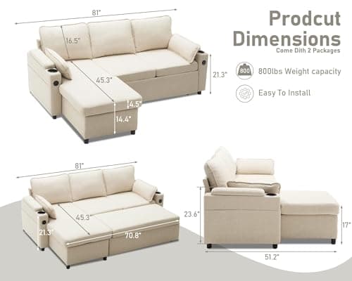 DURASPACE Beige 2-in-1 Sectional Sleeper Sofa with Storage and USB