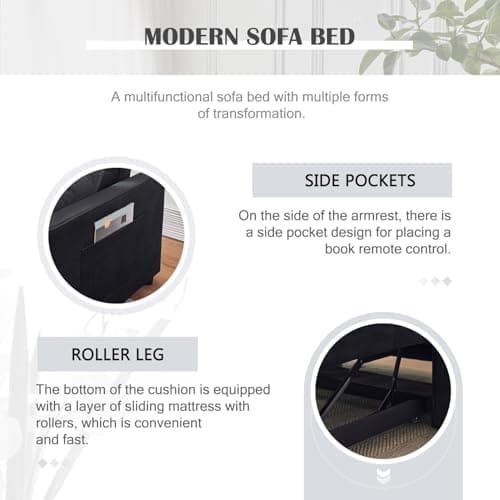 Black 3-in-1 Adjustables Backrest Sleeper Sofa Bed with Pull-Out Couch