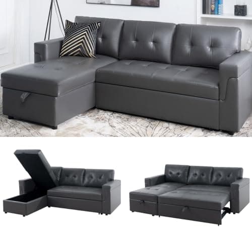 Naomi Home Dark Gray/Air Leather Sleeper Sectional Sofa Bed & Chaise - Tranquil Comfort