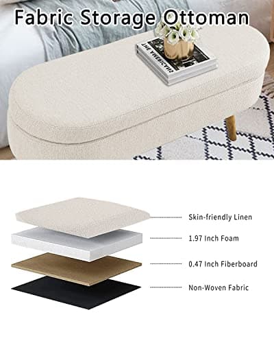 Beige Linen Oval Storage Bench 43.5" for Living Room/Ottoman Entryway