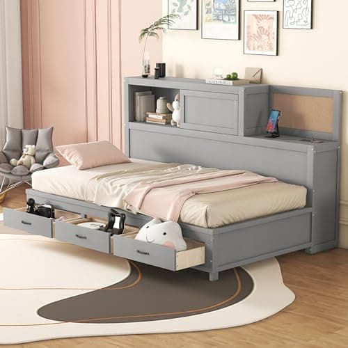 Merax Grey Twin Daybed with Trundle, Solid Wood Captains Bed Sofa Frame