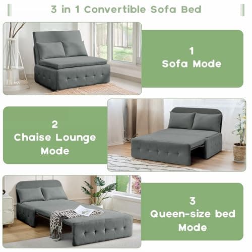 3-in-1 Dark Gray Convertible Sofa Bed, Pull-Out Sleeper Twin Sofa for Living Room, Bedroom
