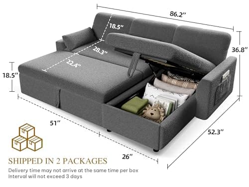 YITAHOME 86" Sleeper Sofa, Convertible 2-in-1 Pull-Out Couch Bed with Storage, Grey
