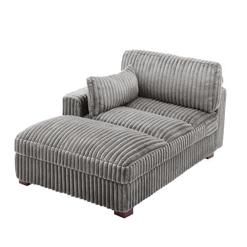 Gray Oversized Corduroy Chaise Lounge with Right Armrest & Cushy Recliner Couch - Solid Wood Solid Cover