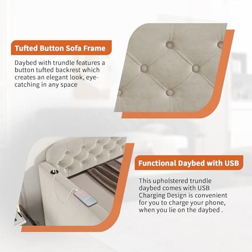 Twin Size Velvet Daybed with Trundle & USB Port - Light Beige