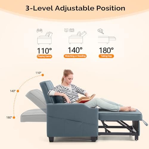 VINGLI 3-in-1 Convertible Sofa Bed Chair, Blue Gray Adjust Backrest USB Cup Holders