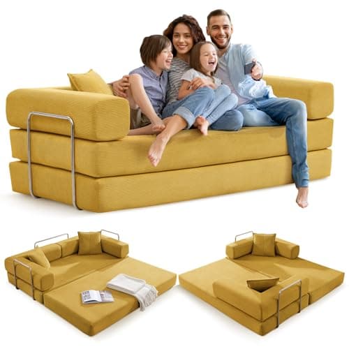 Grey Convertible Sleeper Sofa Bed with Memory FoamMattress&Cylindrical Pillows