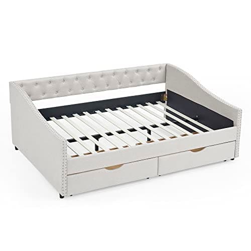 Modern Full Size Daybed with Drawers Upholstered Sofa Bed and Tufted Buttons
